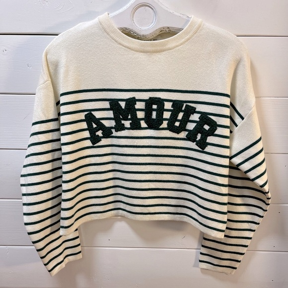 Indie + Moi Sweaters - INDIE + MOI – Cropped Sweater “AMOUR” with Forest Green Stripes Size S (T1)